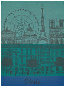 Le Jaquard Francais Tea Towel, Paris Panorama, Blue/Green- 24"x 31"